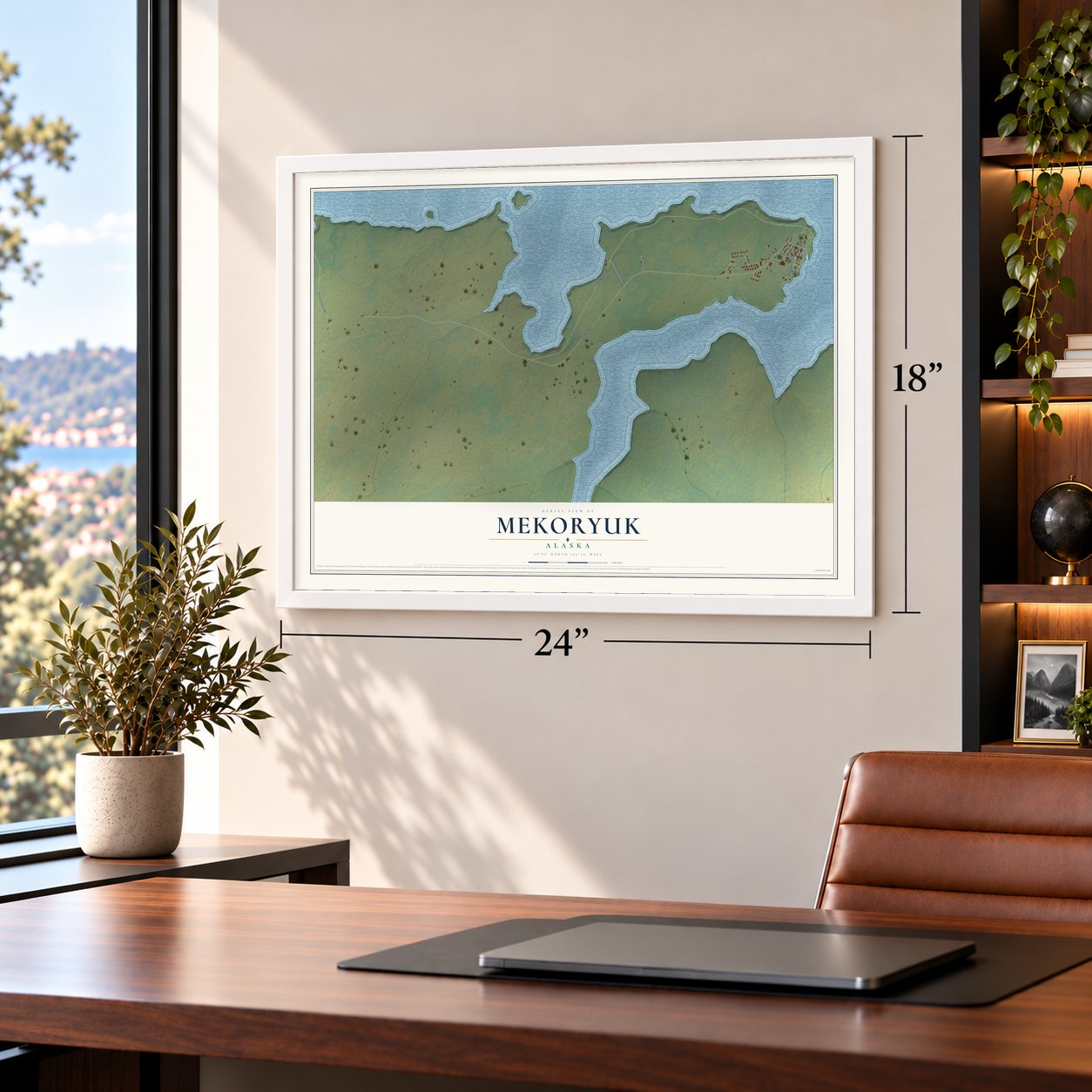Mekoryuk, Alaska map, 18 x 24 inch print in a white frame in a home office