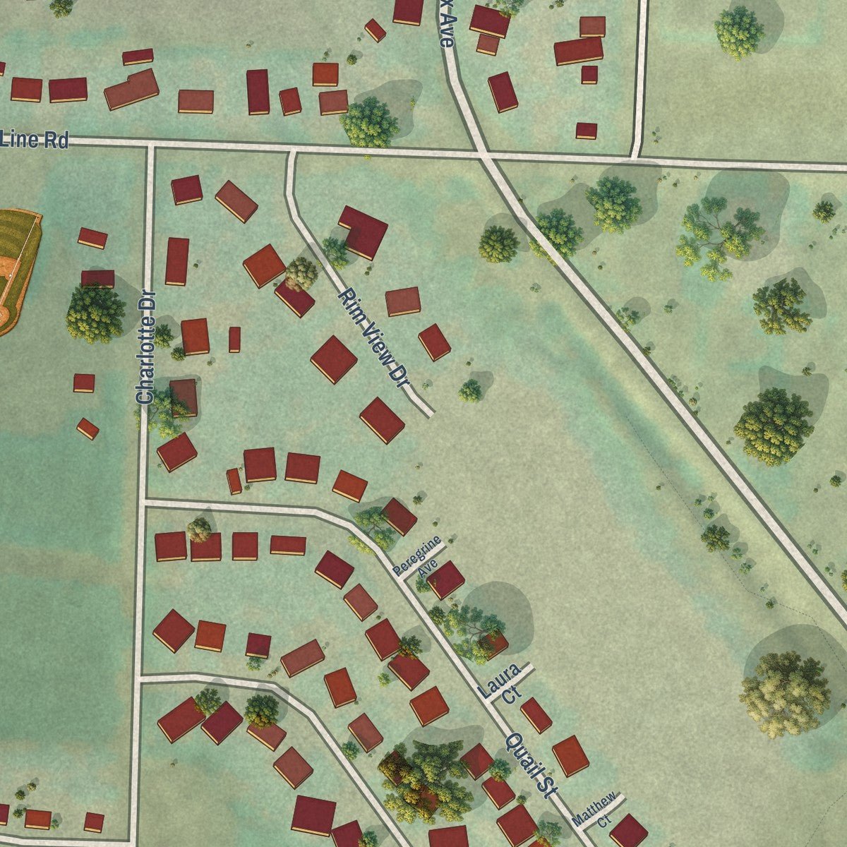Second close-up of the map of Melba, Idaho print showing more streets and buildings