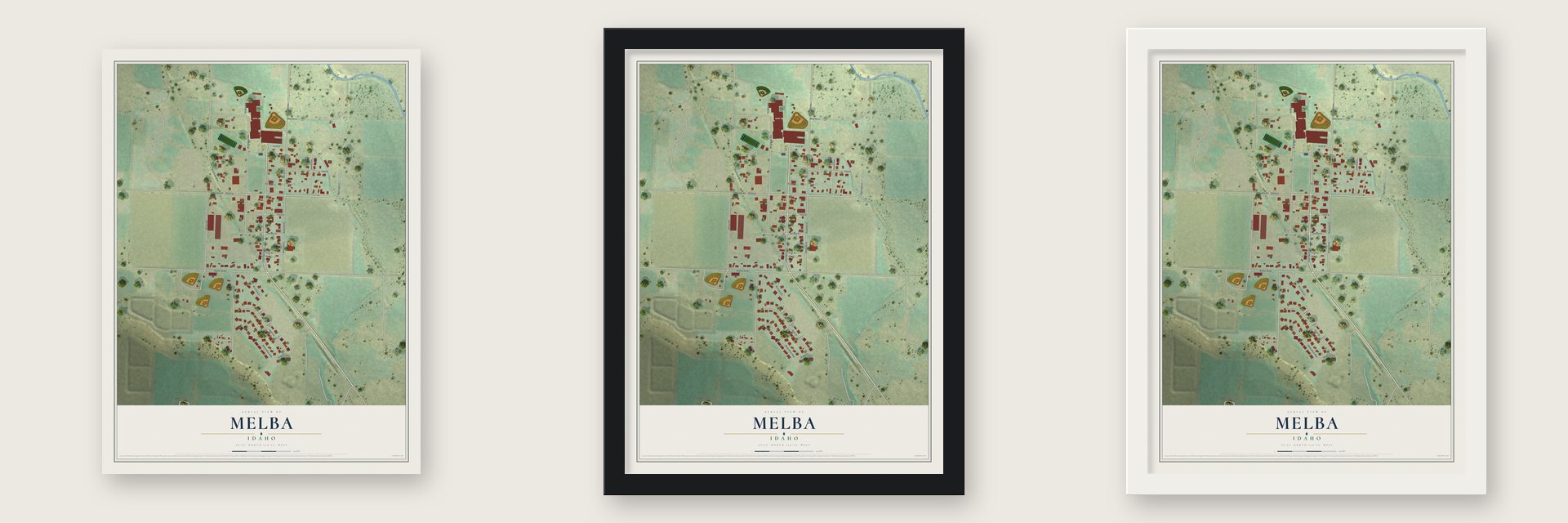 Melba, Idaho map unframed, in a black wood frame and in a white wood frame