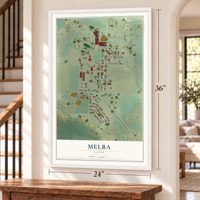 Melba, Idaho map, 24 x 36 inch print in a white frame by a staircase