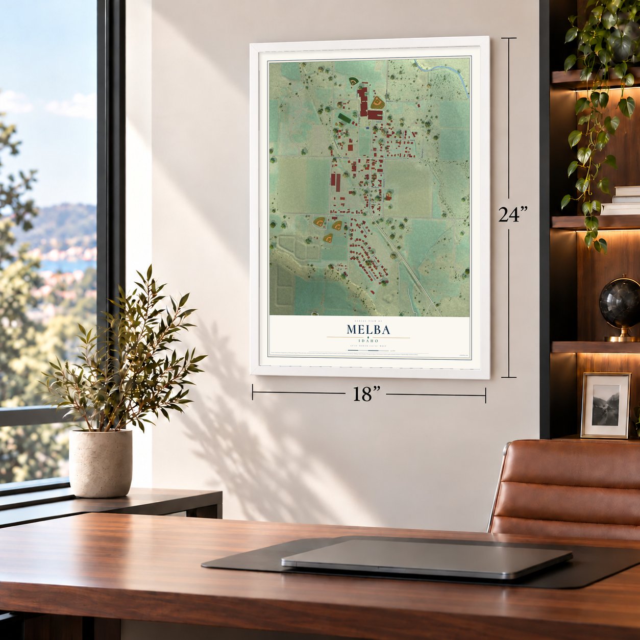 Melba, Idaho map, 18 x 24 inch print in a white frame in a home office