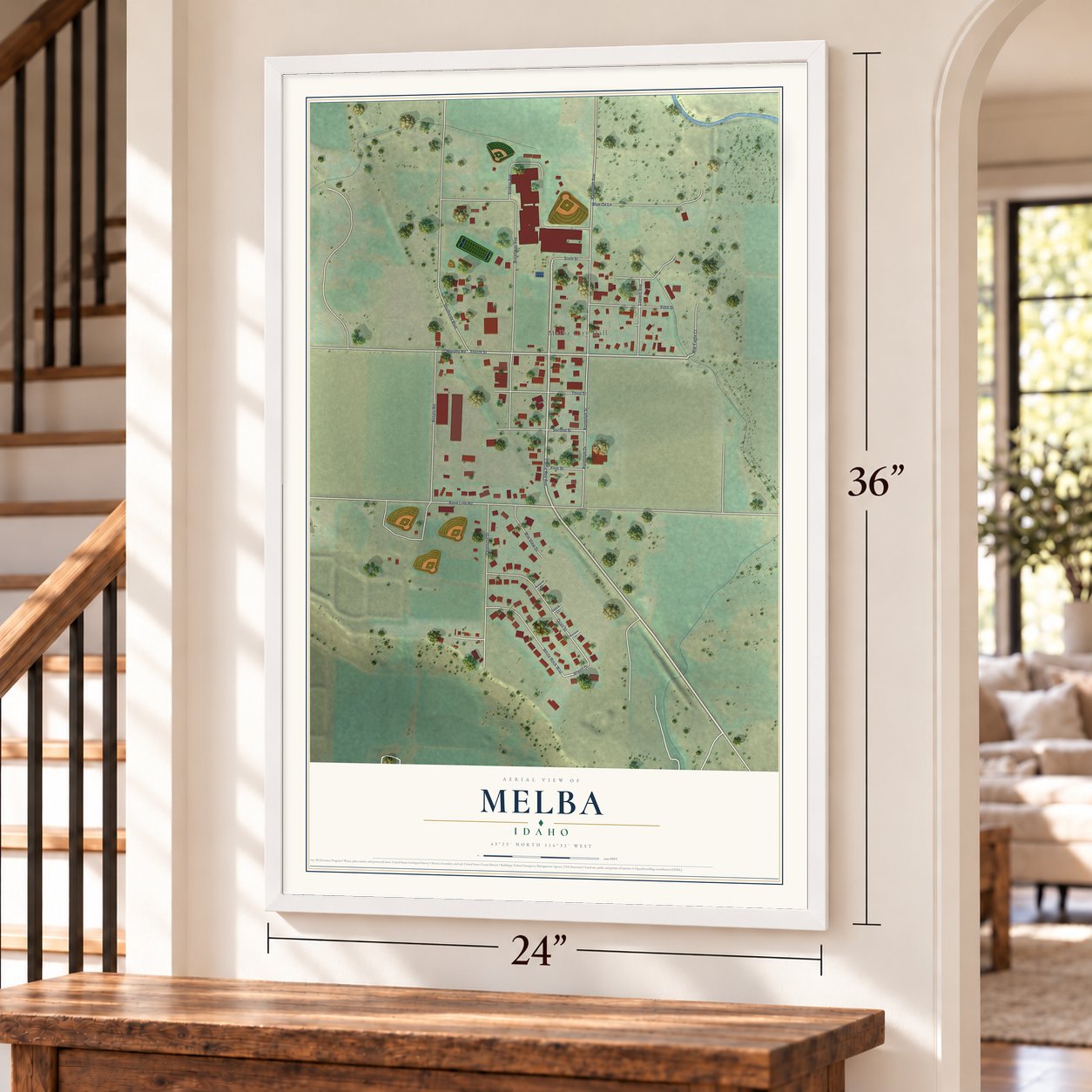 Melba, Idaho map, 24 x 36 inch print in a white frame by a staircase