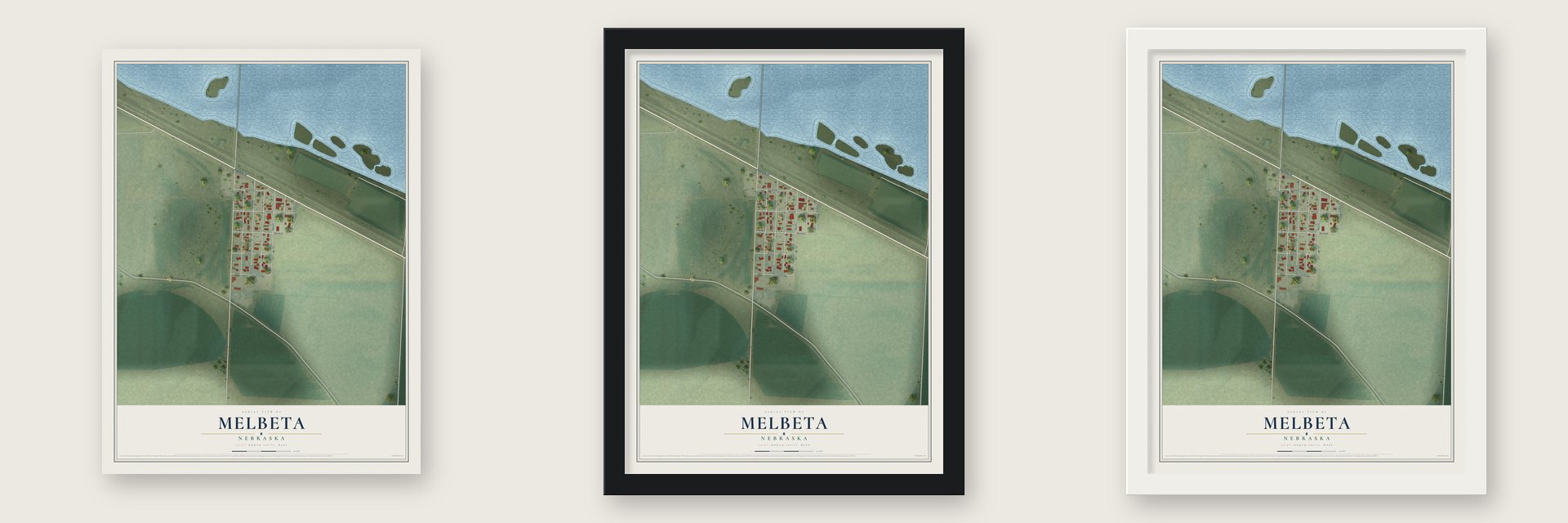 Melbeta, Nebraska map unframed, in a black wood frame and in a white wood frame