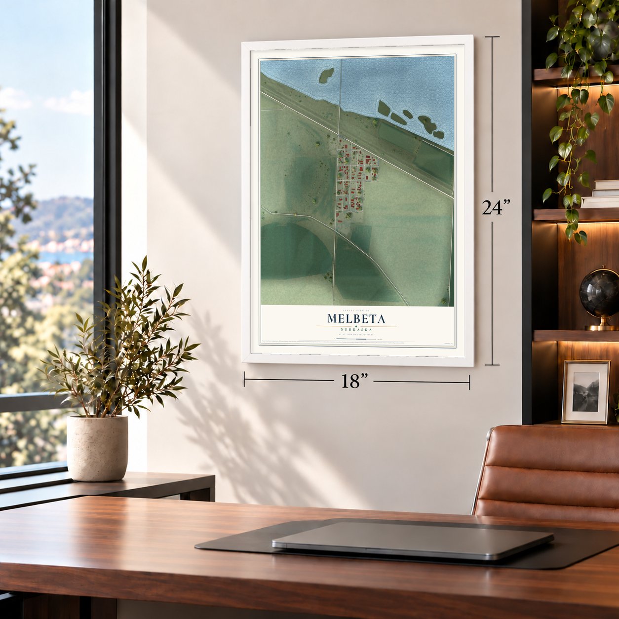 Melbeta, Nebraska map, 18 x 24 inch print in a white frame in a home office