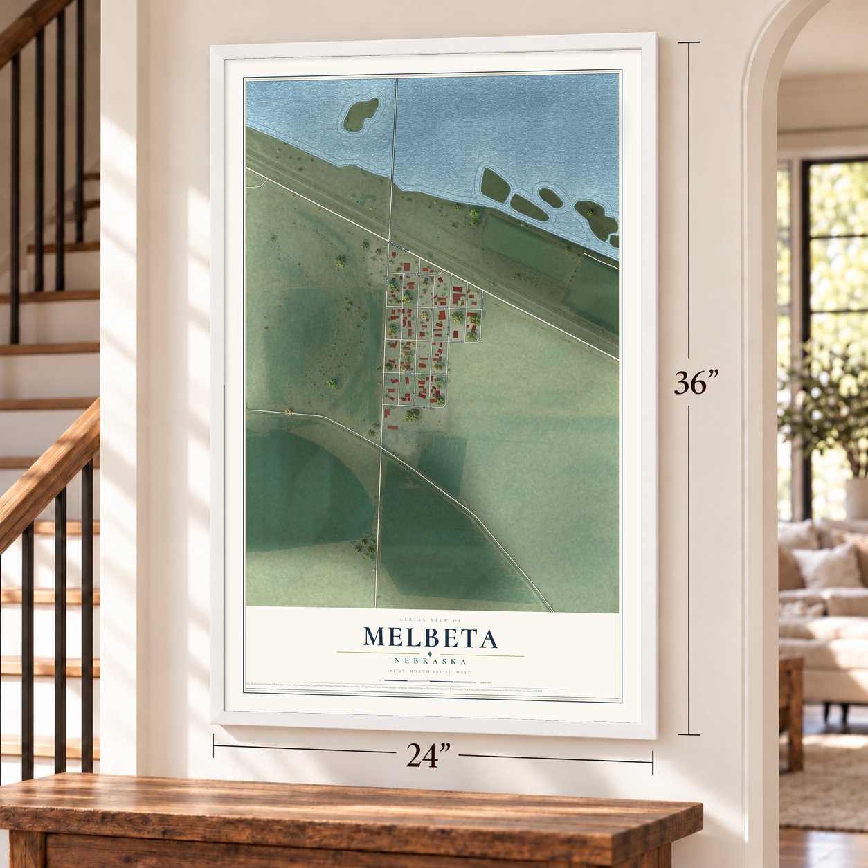 Melbeta, Nebraska map, 24 x 36 inch print in a white frame by a staircase