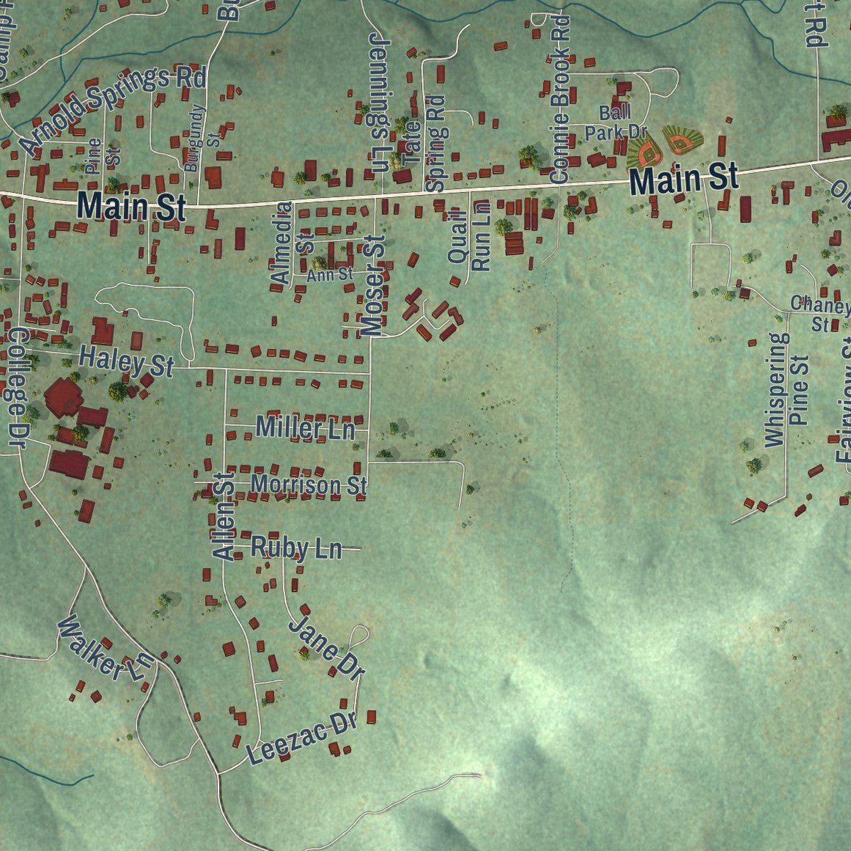 Second close-up of the map of Melbourne, Arkansas print showing more streets and buildings
