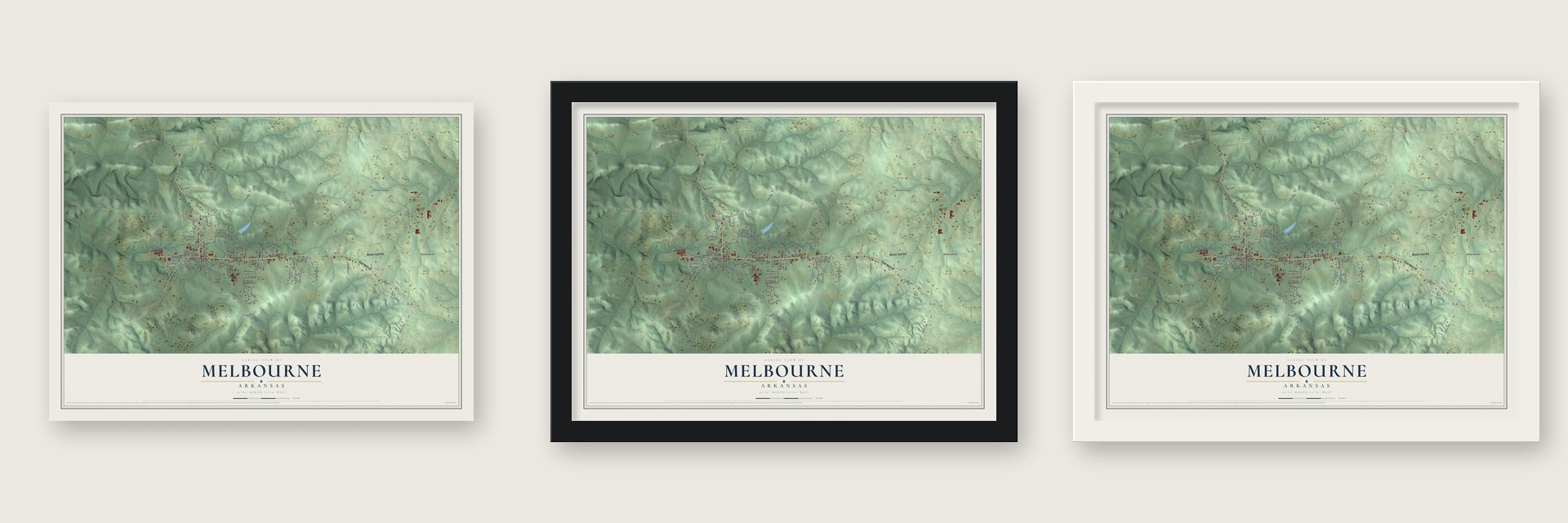 Melbourne, Arkansas map unframed, in a black wood frame and in a white wood frame