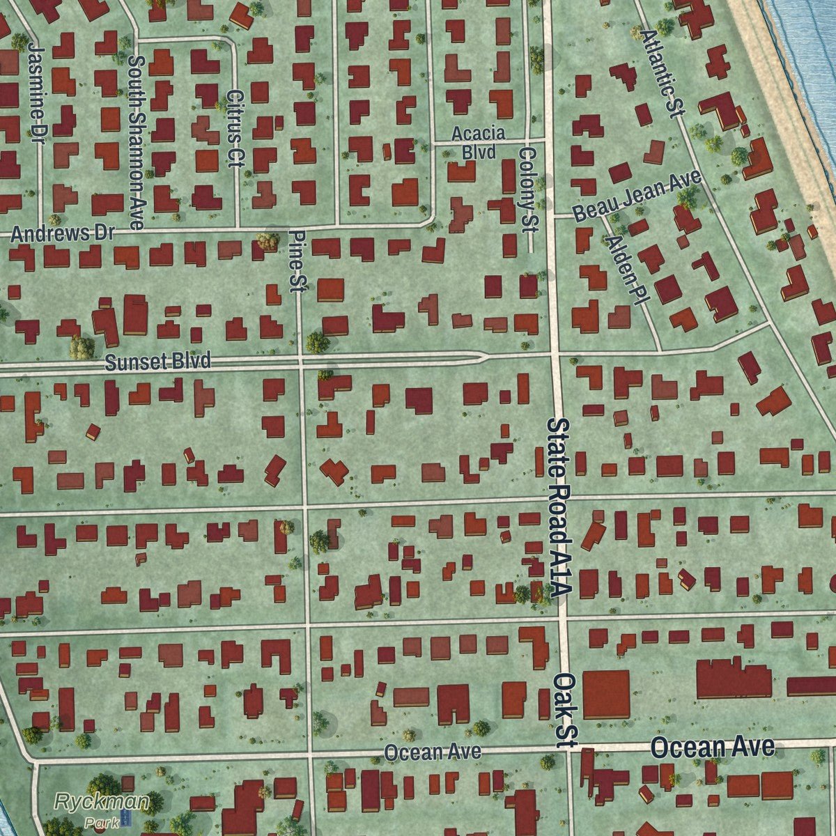Second close-up of the map of Melbourne Beach, Florida print showing more streets and buildings