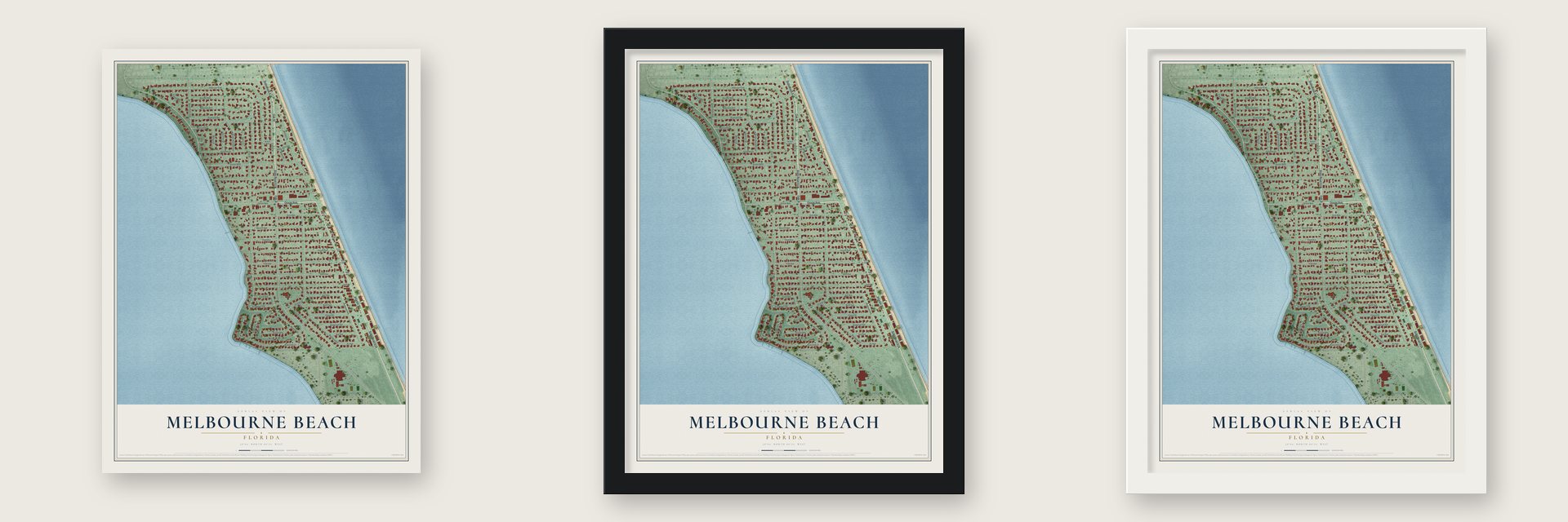 Melbourne Beach, Florida map unframed, in a black wood frame and in a white wood frame