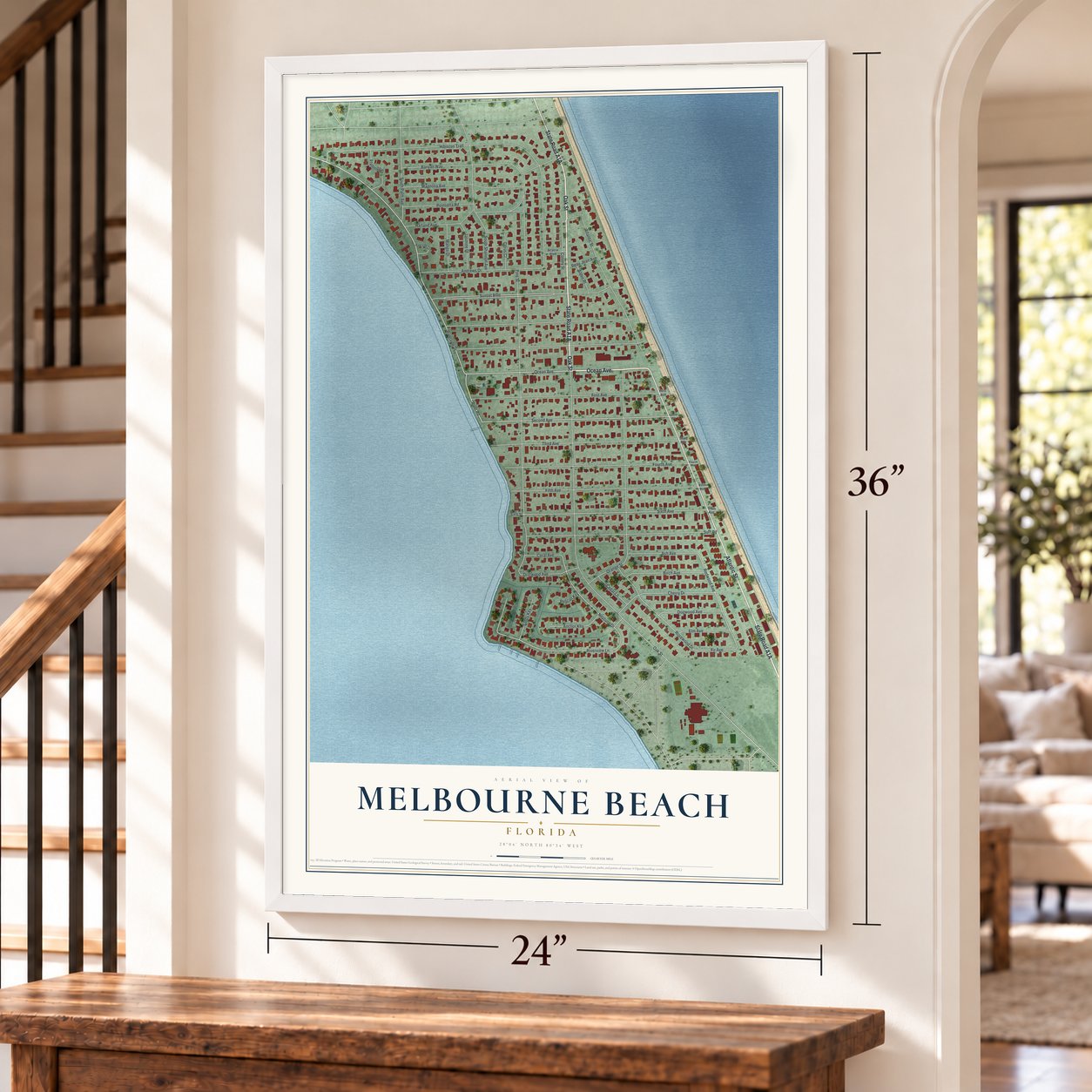 Melbourne Beach, Florida map, 24 x 36 inch print in a white frame by a staircase