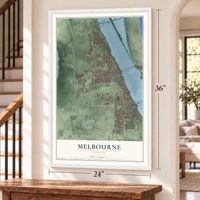 Melbourne, Florida map, 24 x 36 inch print in a white frame by a staircase