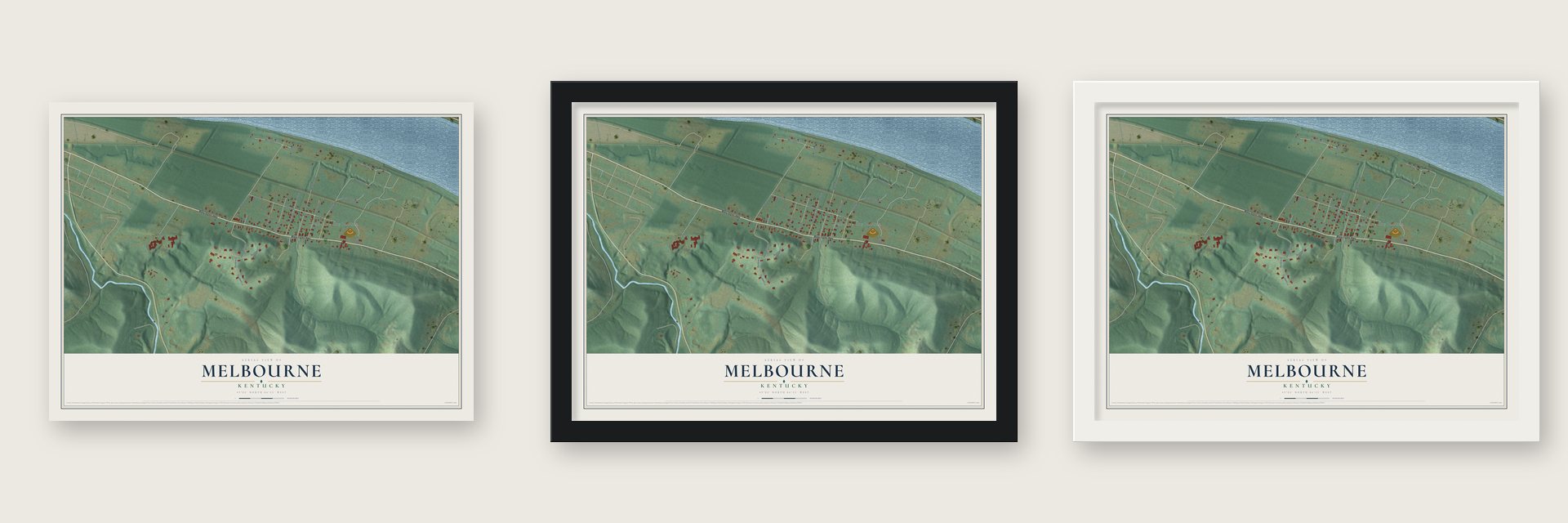 Melbourne, Kentucky map unframed, in a black wood frame and in a white wood frame