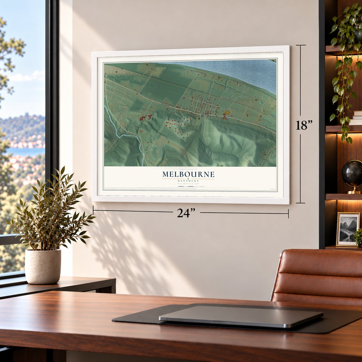 Melbourne, Kentucky map, 18 x 24 inch print in a white frame in a home office
