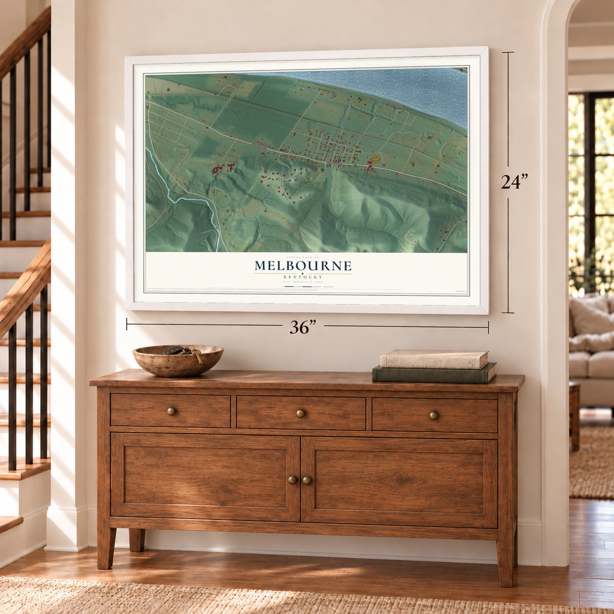 Melbourne, Kentucky map, 24 x 36 inch print in a white frame above a dresser by a staircase