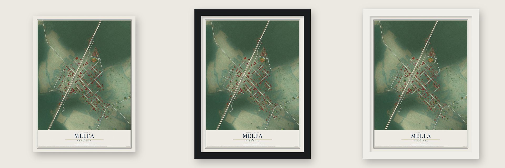 Melfa, Virginia map unframed, in a black wood frame and in a white wood frame