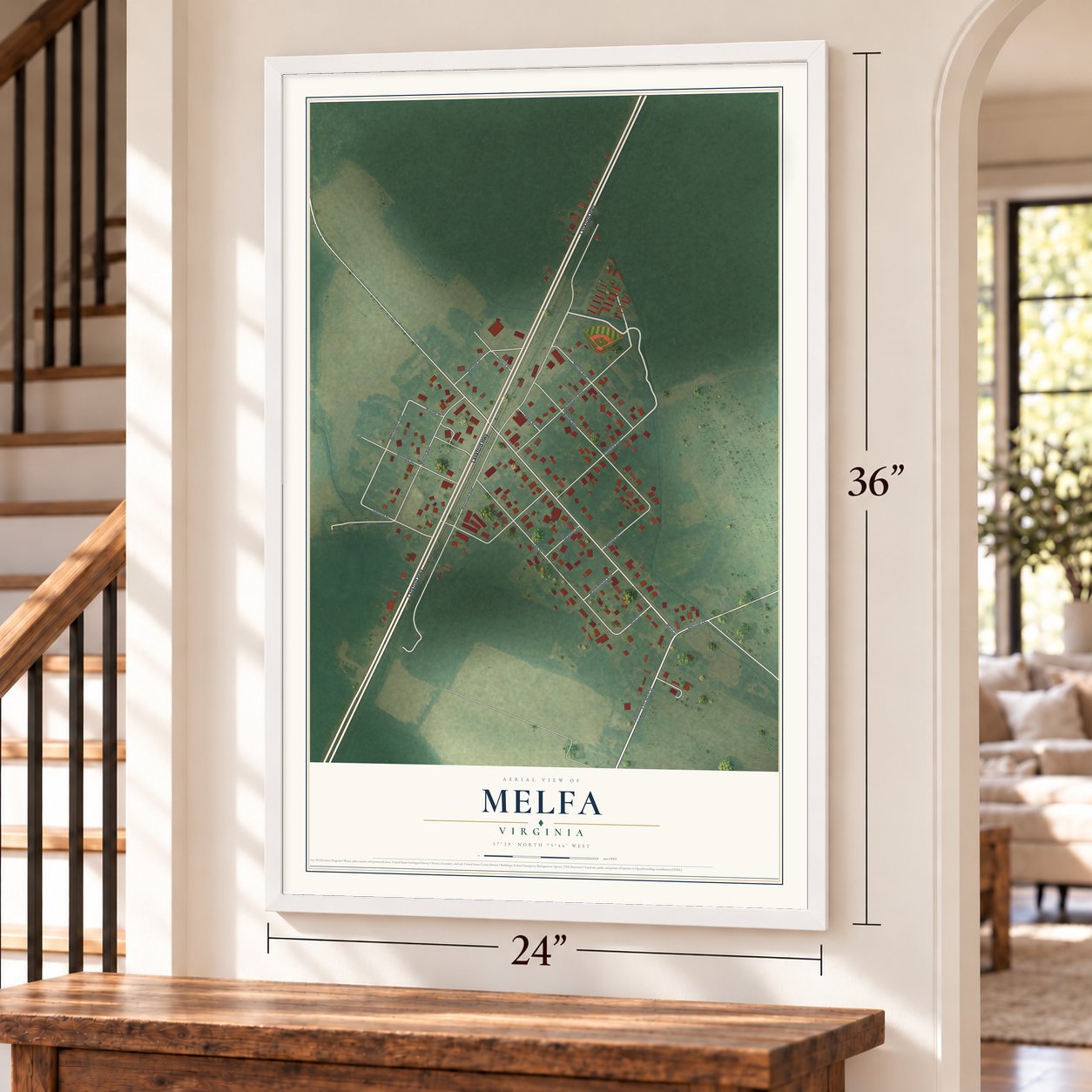 Melfa, Virginia map, 24 x 36 inch print in a white frame by a staircase