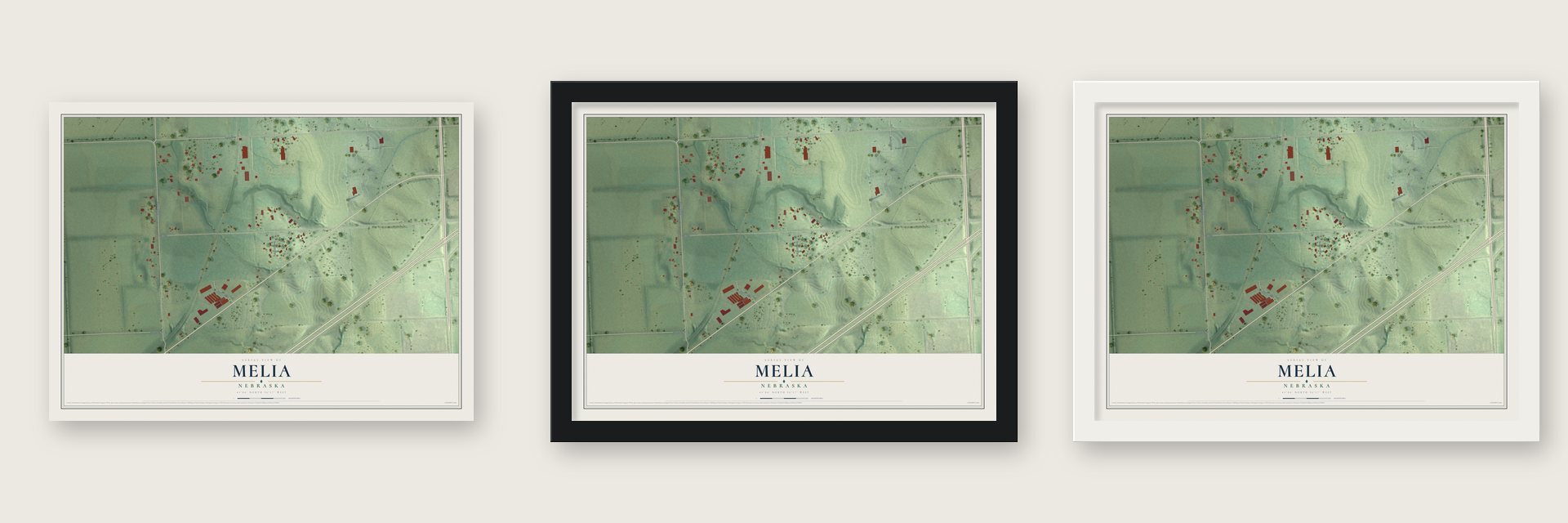 Melia, Nebraska map unframed, in a black wood frame and in a white wood frame