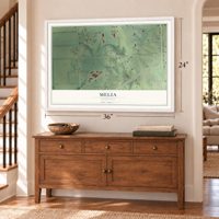 Melia, Nebraska map, 24 x 36 inch print in a white frame above a dresser by a staircase