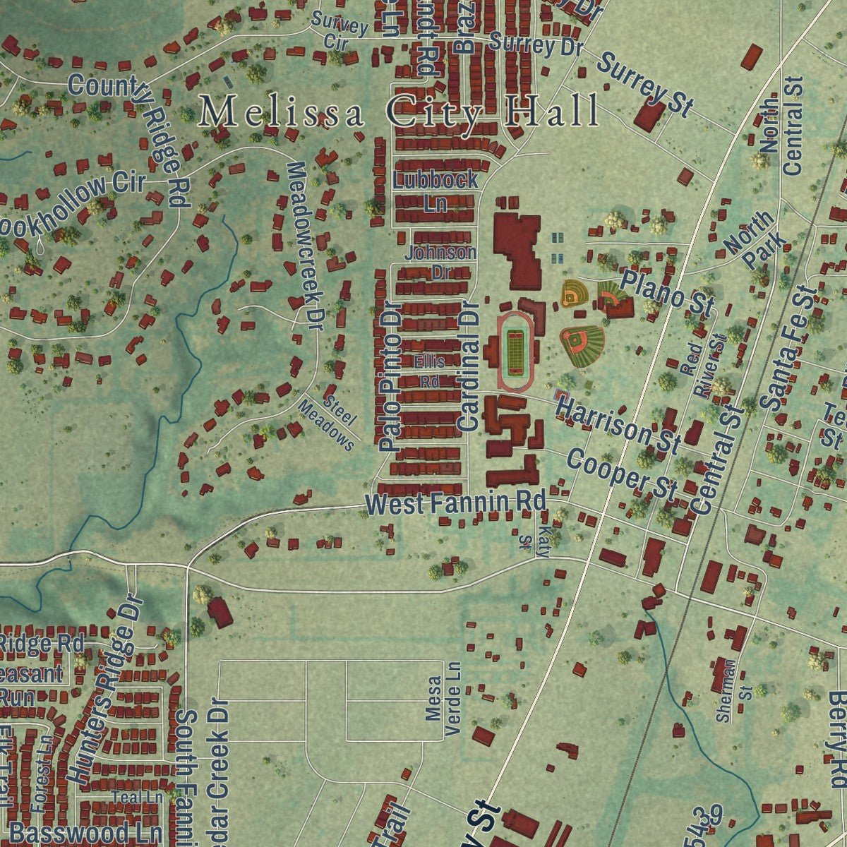 Second close-up of the map of Melissa, Texas print showing more streets and buildings