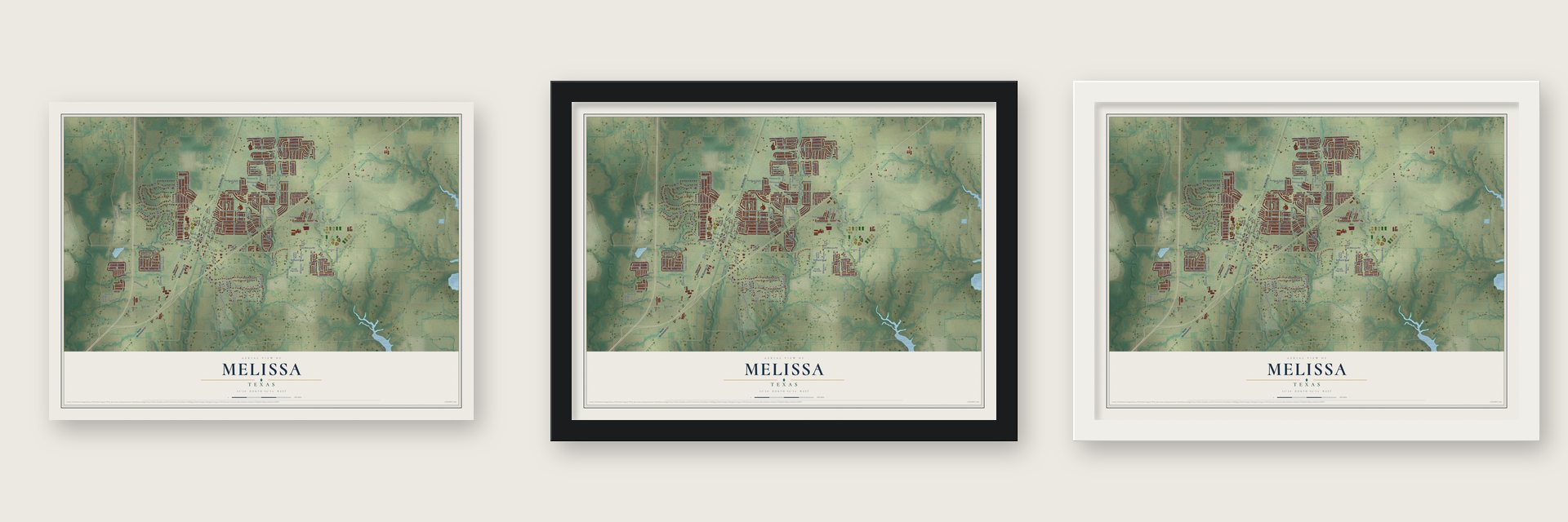 Melissa, Texas map unframed, in a black wood frame and in a white wood frame