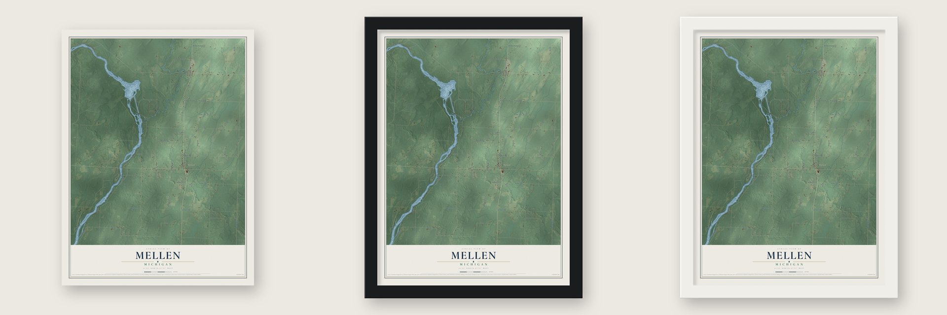Mellen, Michigan map unframed, in a black wood frame and in a white wood frame