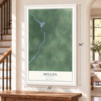 Mellen, Michigan map, 24 x 36 inch print in a white frame by a staircase