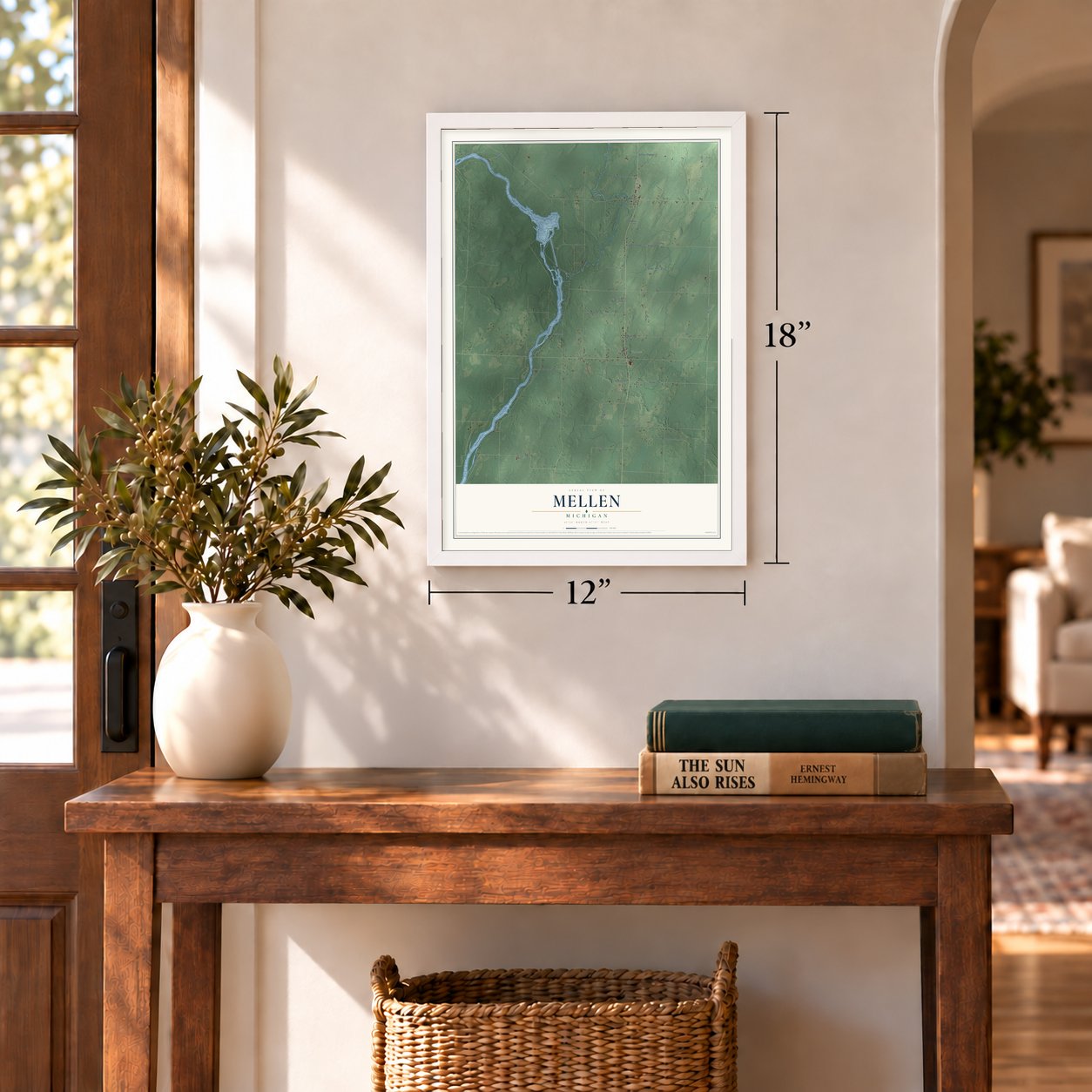 Mellen, Michigan map, 12 x 18 inch print in a white frame in an entryway