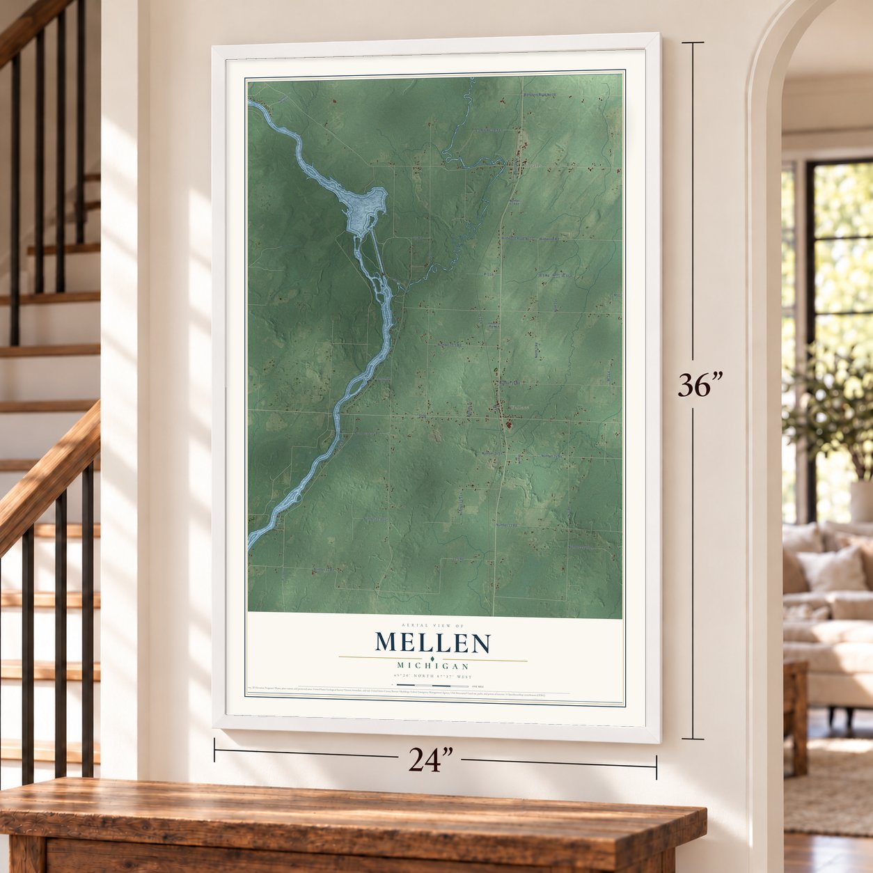 Mellen, Michigan map, 24 x 36 inch print in a white frame by a staircase