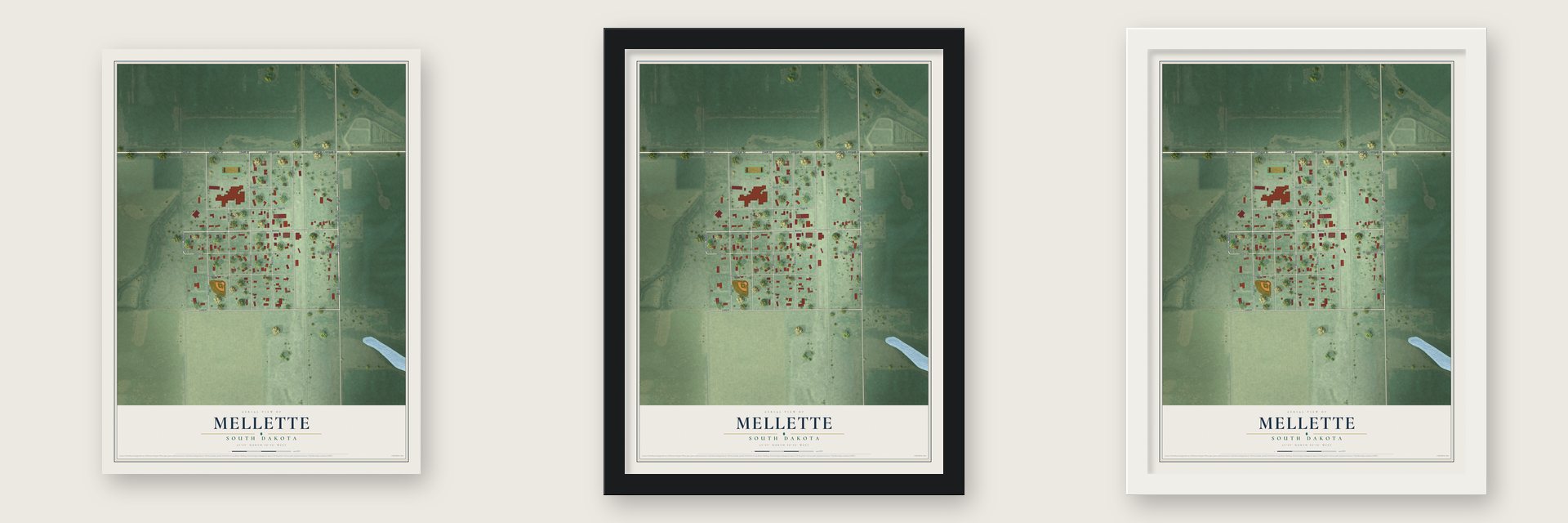 Mellette, South Dakota map unframed, in a black wood frame and in a white wood frame