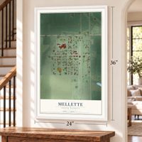 Mellette, South Dakota map, 24 x 36 inch print in a white frame by a staircase