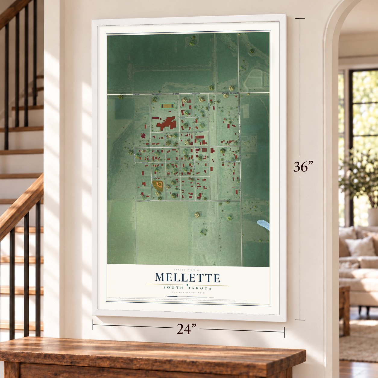 Mellette, South Dakota map, 24 x 36 inch print in a white frame by a staircase