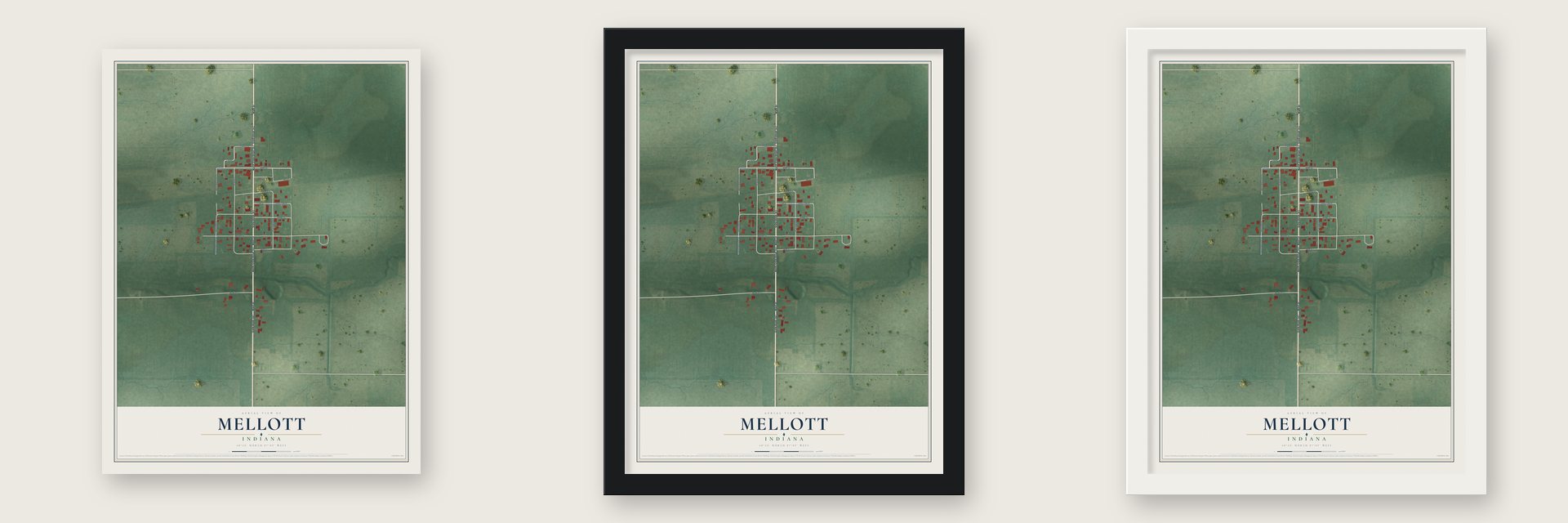 Mellott, Indiana map unframed, in a black wood frame and in a white wood frame