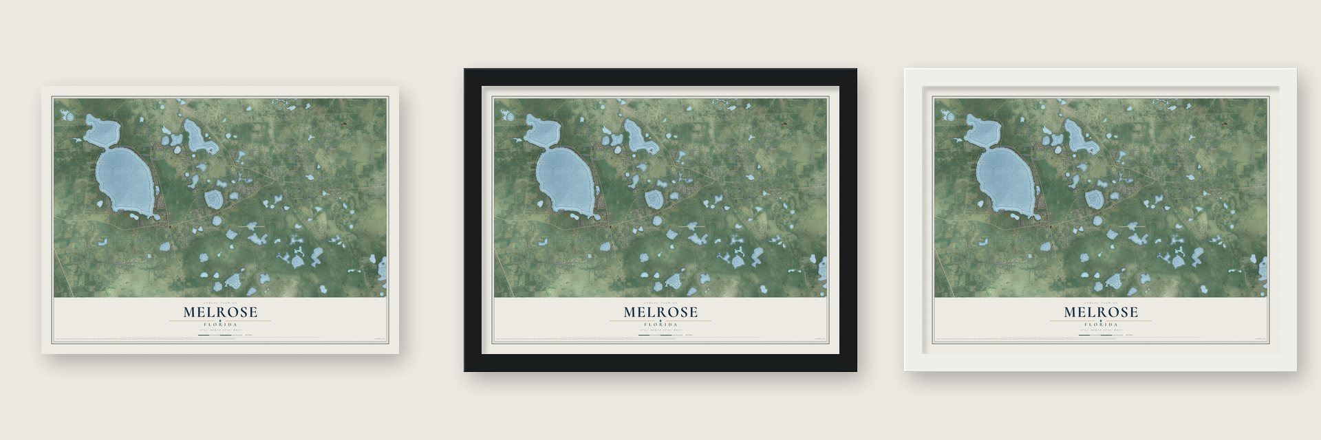 Melrose, Florida map unframed, in a black wood frame and in a white wood frame