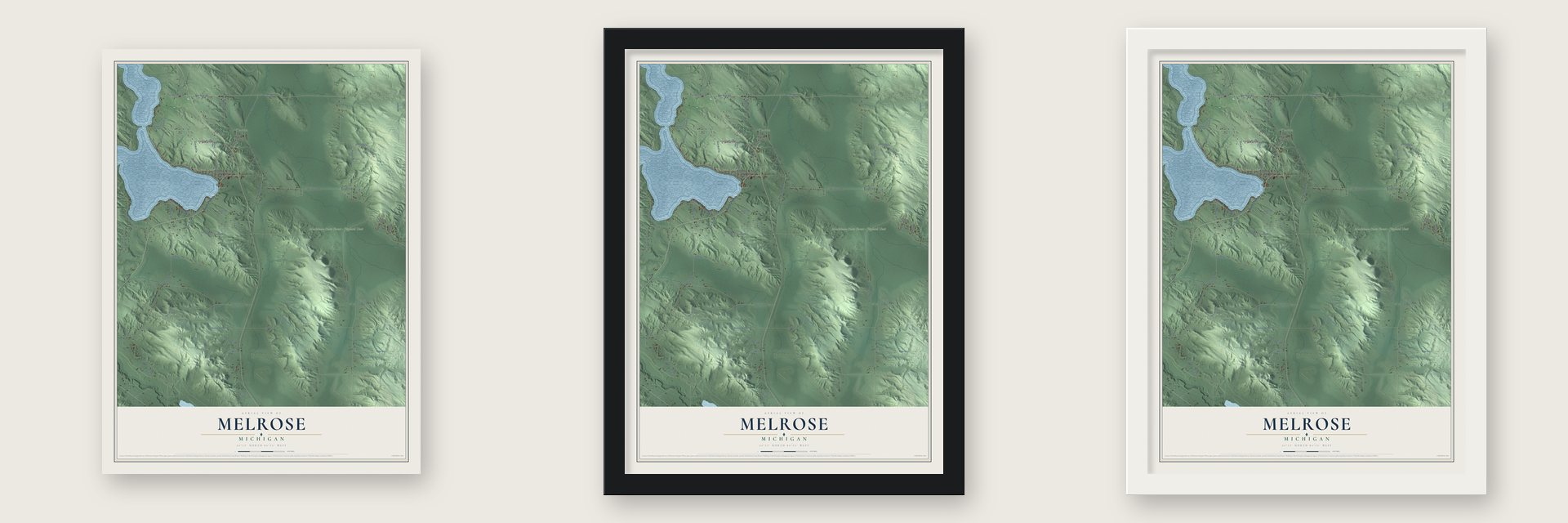 Melrose, Michigan map unframed, in a black wood frame and in a white wood frame