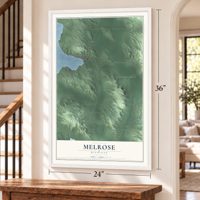 Melrose, Michigan map, 24 x 36 inch print in a white frame by a staircase