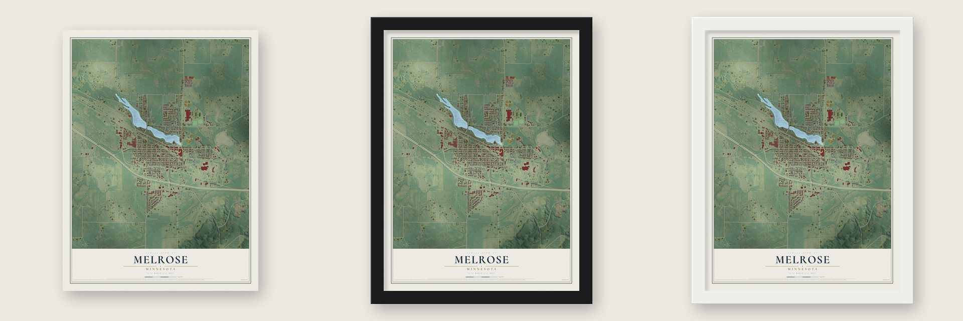 Melrose, Minnesota map unframed, in a black wood frame and in a white wood frame
