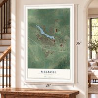 Melrose, Minnesota map, 24 x 36 inch print in a white frame by a staircase