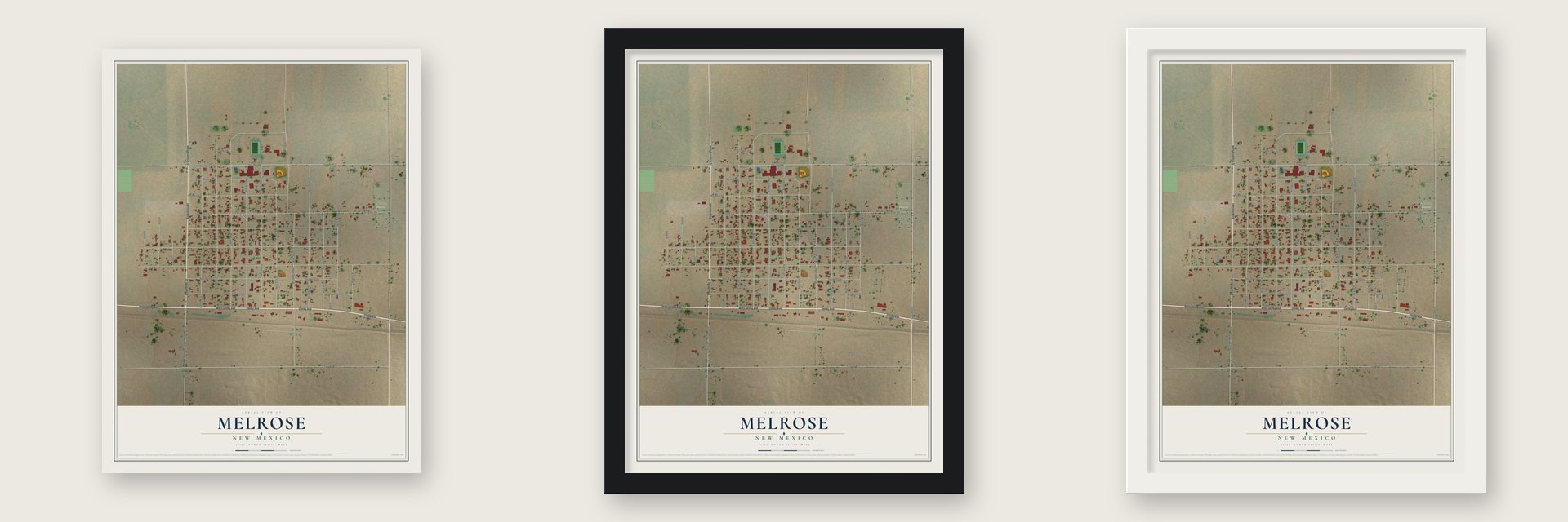 Melrose, New Mexico map unframed, in a black wood frame and in a white wood frame