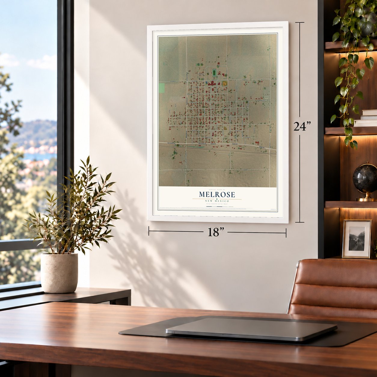Melrose, New Mexico map, 18 x 24 inch print in a white frame in a home office