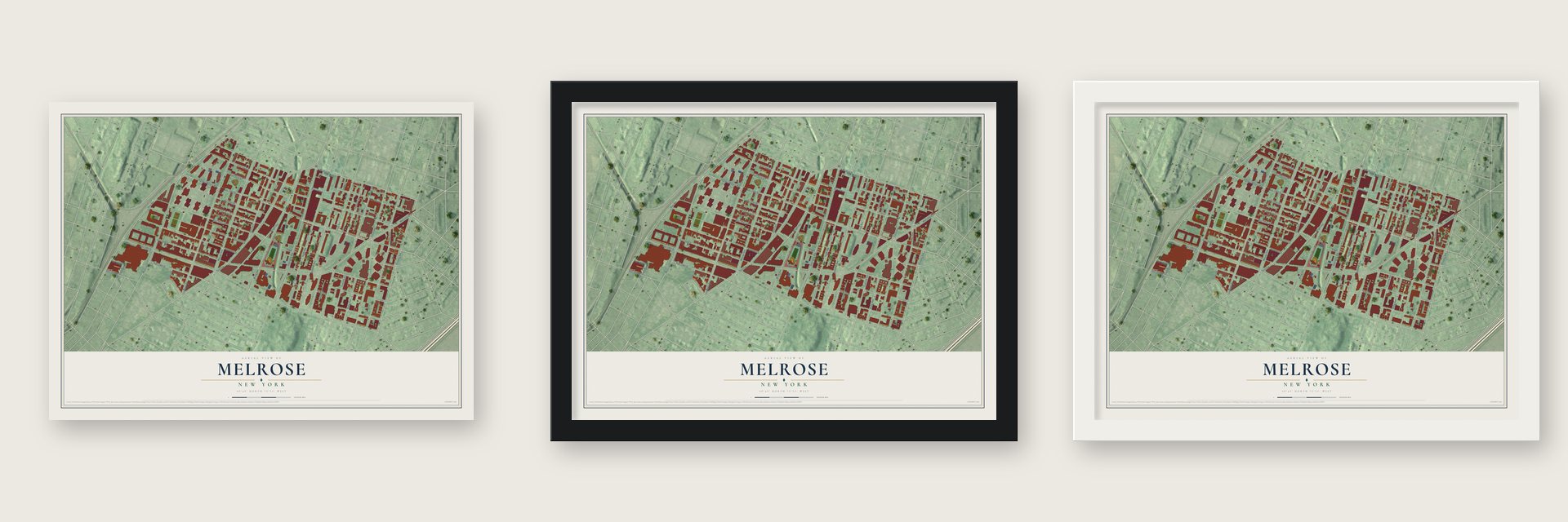 Melrose, New York map unframed, in a black wood frame and in a white wood frame