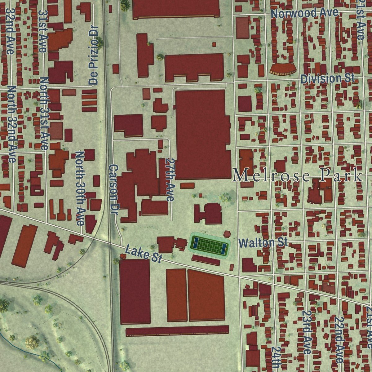 Second close-up of the map of Melrose Park, Illinois print showing more streets and buildings