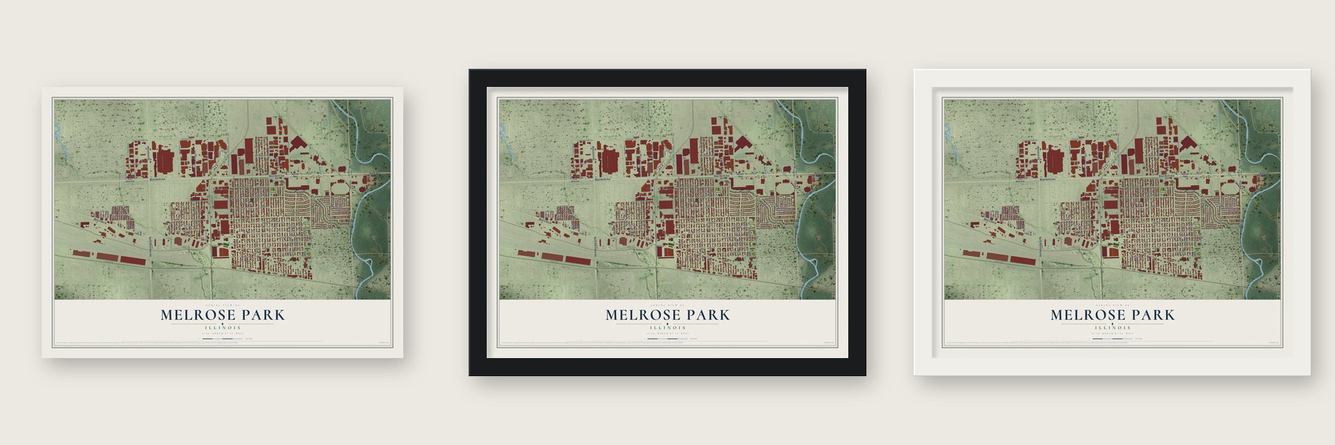 Melrose Park, Illinois map unframed, in a black wood frame and in a white wood frame