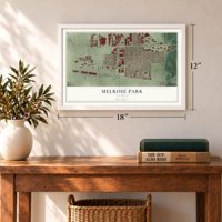 Melrose Park, Illinois map, 12 x 18 inch print in a white frame in an entryway