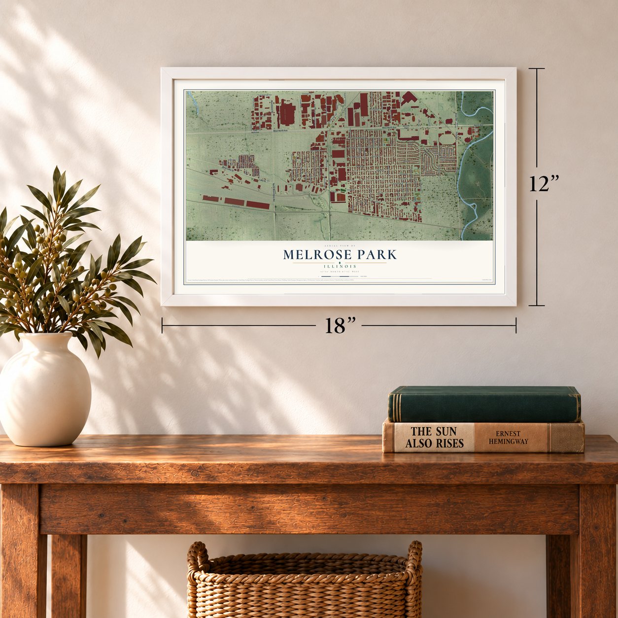 Melrose Park, Illinois map, 12 x 18 inch print in a white frame in an entryway