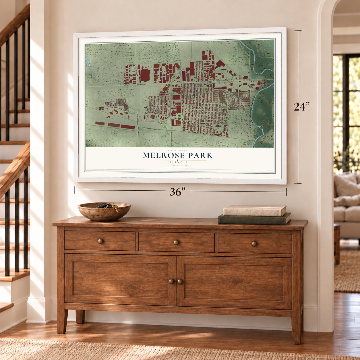 Melrose Park, Illinois map, 24 x 36 inch print in a white frame above a dresser by a staircase