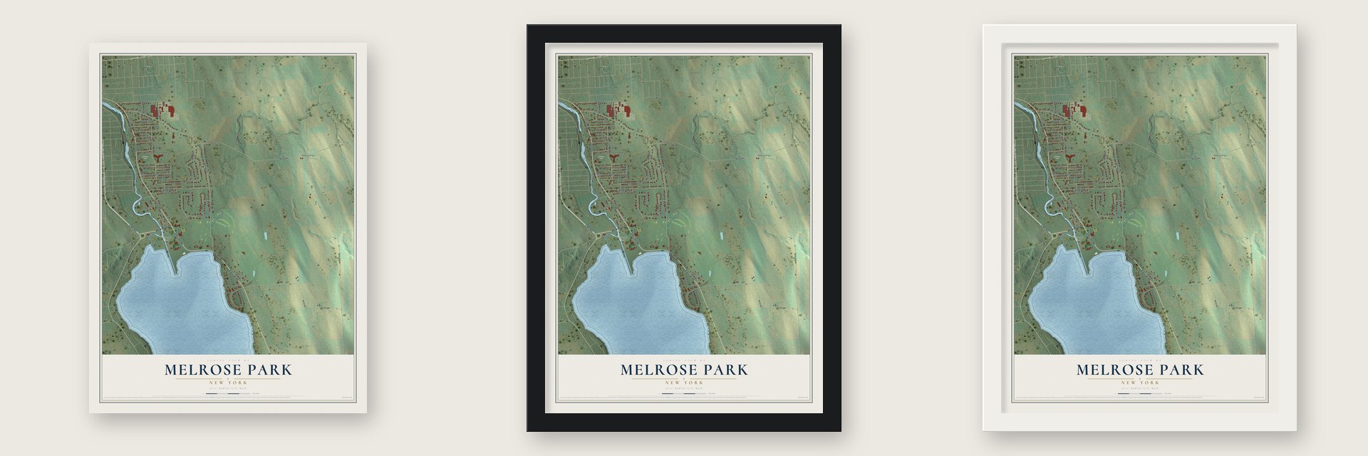 Melrose Park, New York map unframed, in a black wood frame and in a white wood frame