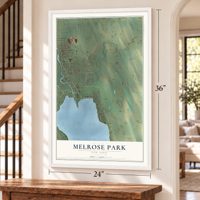 Melrose Park, New York map, 24 x 36 inch print in a white frame by a staircase