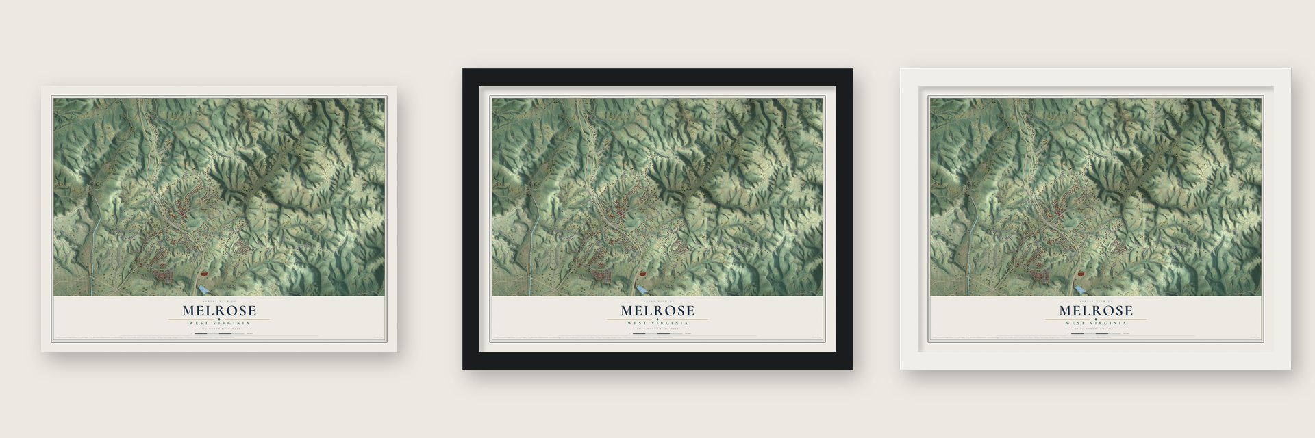 Melrose, West Virginia map unframed, in a black wood frame and in a white wood frame
