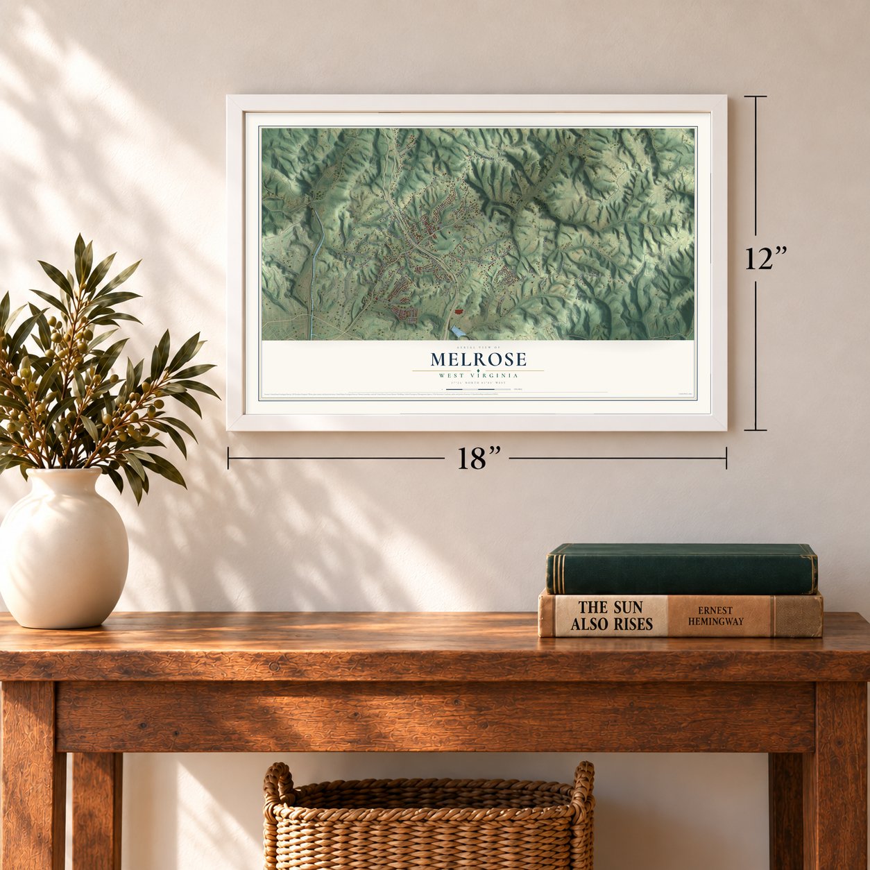 Melrose, West Virginia map, 12 x 18 inch print in a white frame in an entryway