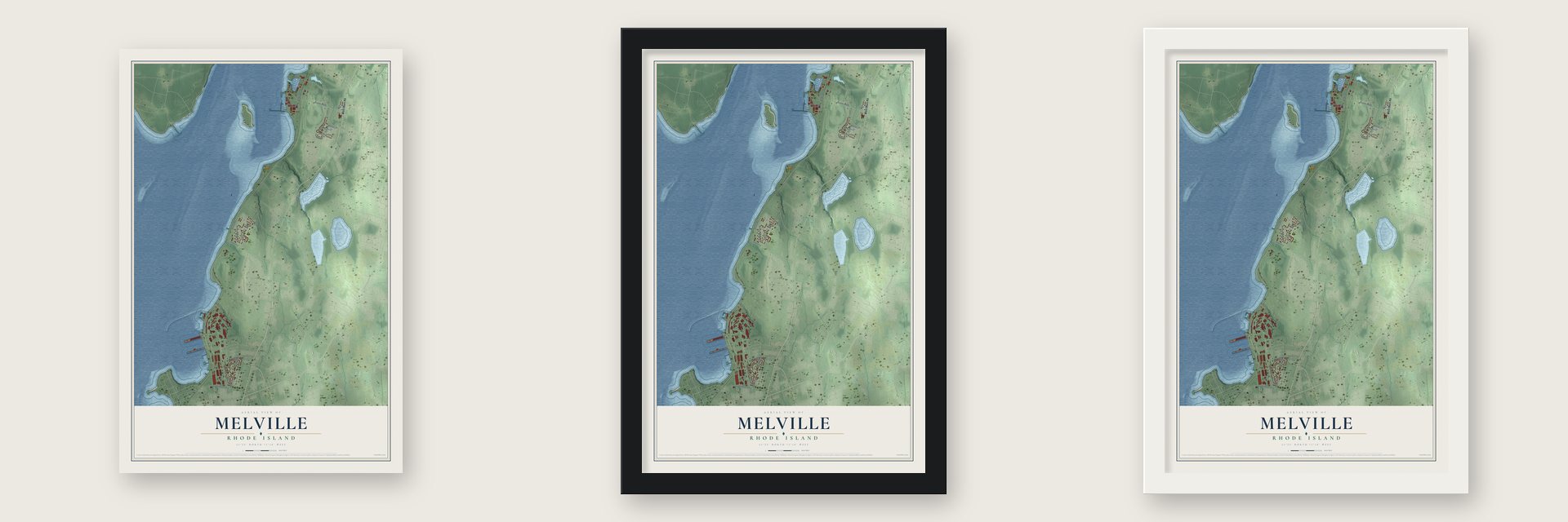 Melville, Rhode Island map unframed, in a black wood frame and in a white wood frame
